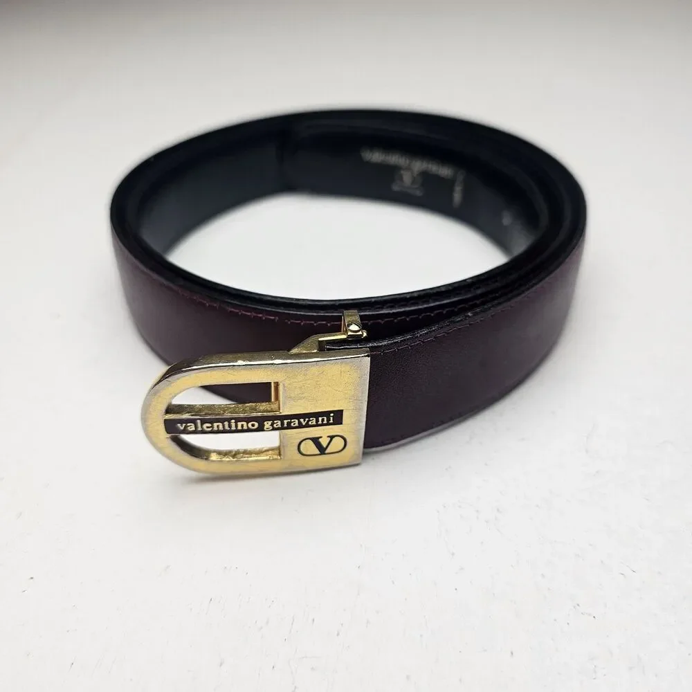 Vintage Valentino Garavani Burgundy/Black reversible Solid Belt Gold-Tone Buckle